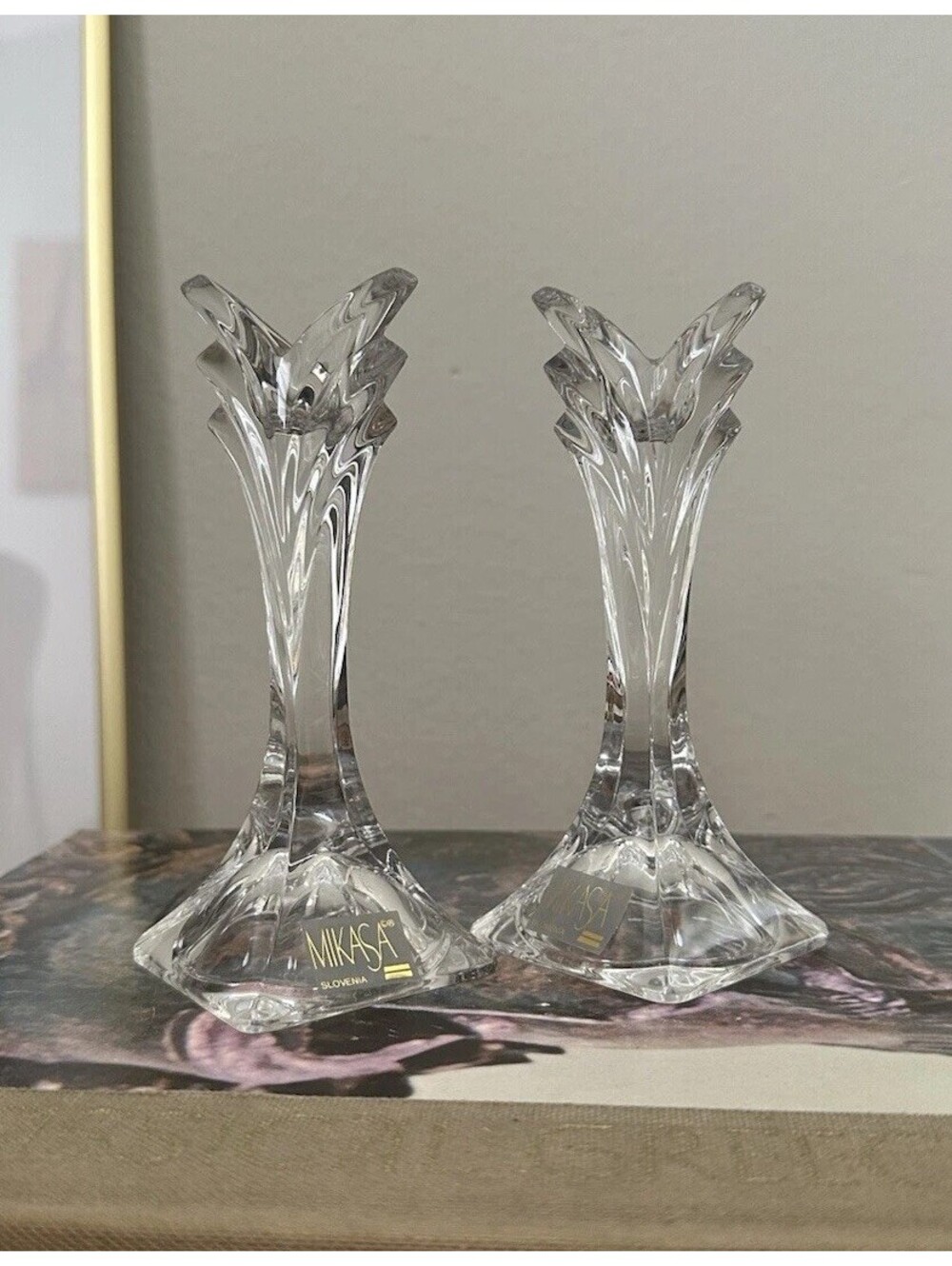 Pair Of Mikasa Slovenia Lead Crystal Candlestick Art Deco Holders 5 1/2" W/ Box